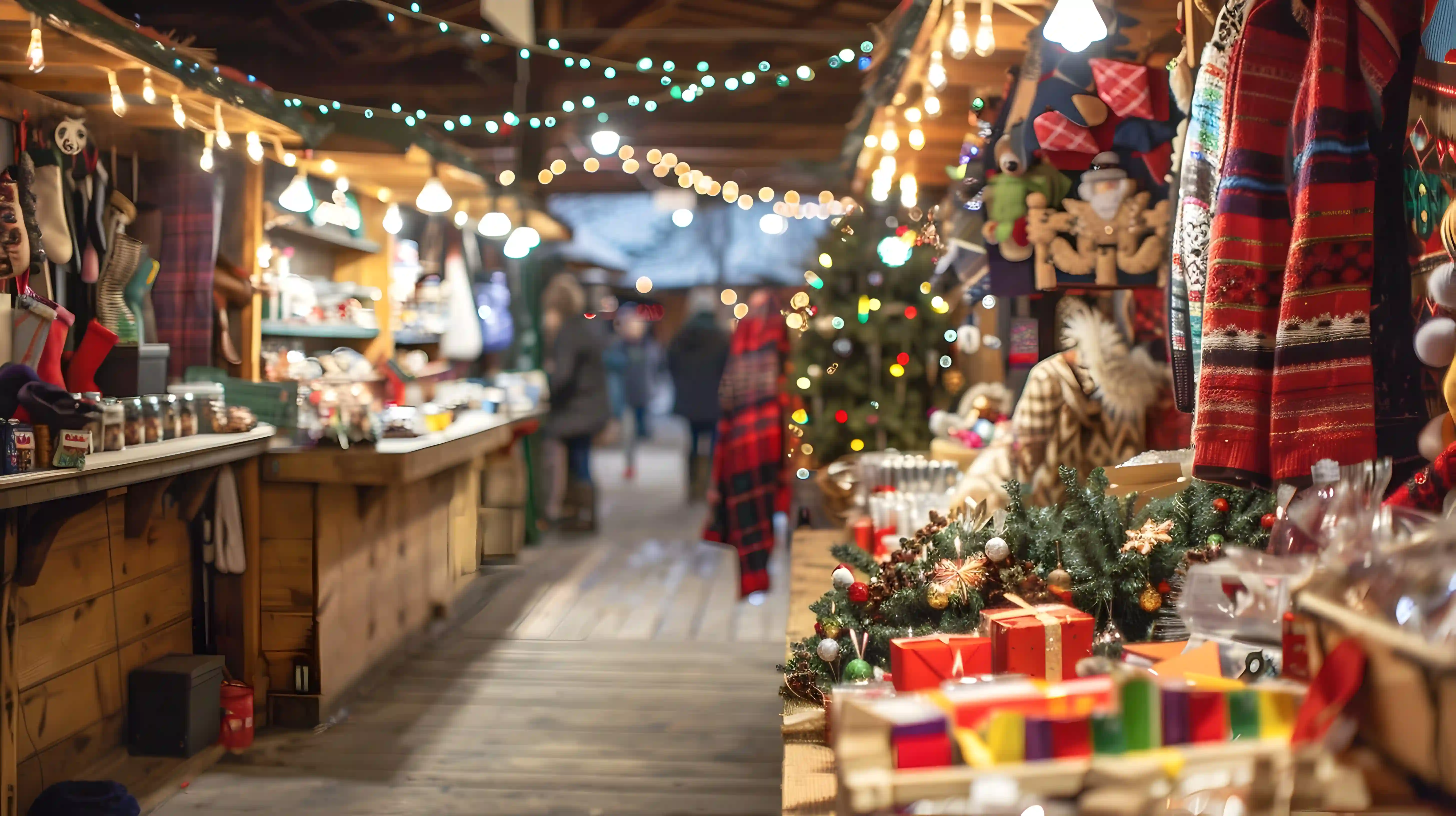 Stall at a Christmas market in Barcelona where Christmas ornaments, winter clothing, gifts and more are sold.