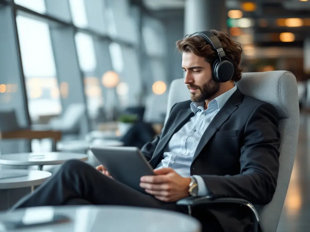 Man wearing noise-canceling headphones while working to maintain focus