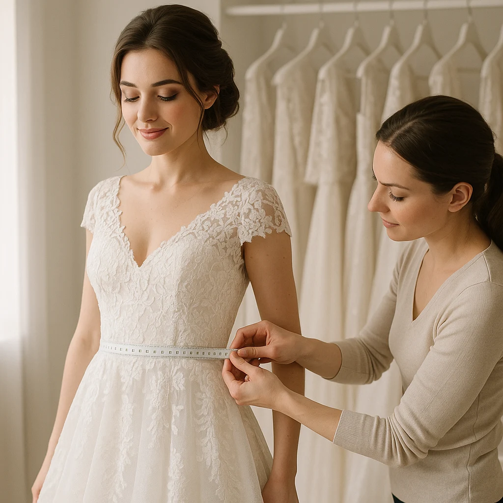 Novia ajustando su vestido