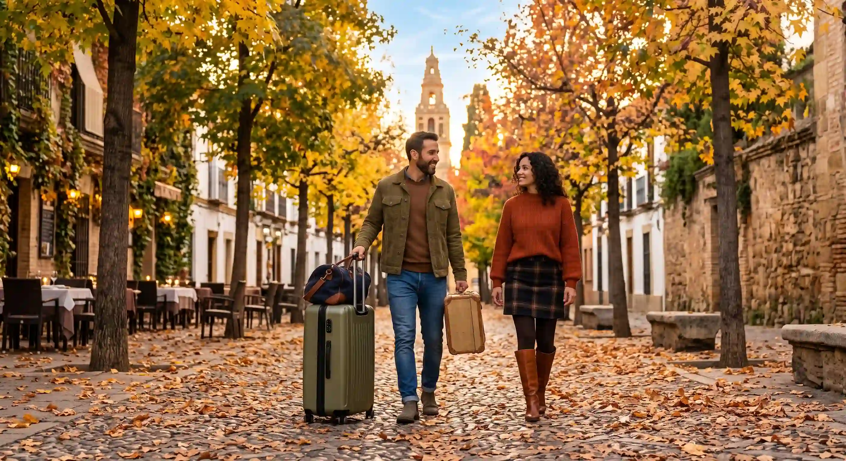 Pareja viajando en otoño