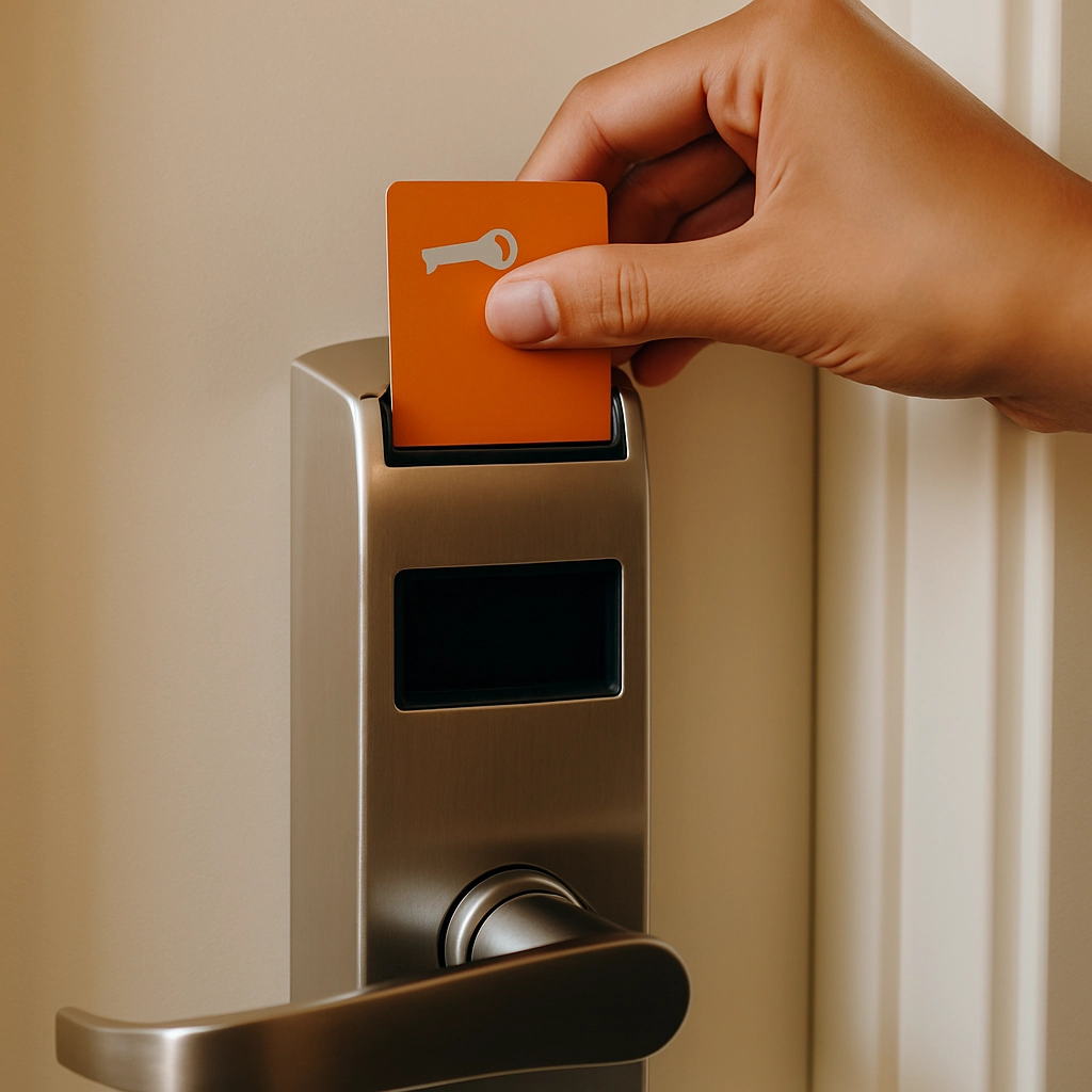 Persona abriendo la puerta del hotel con llave magnética