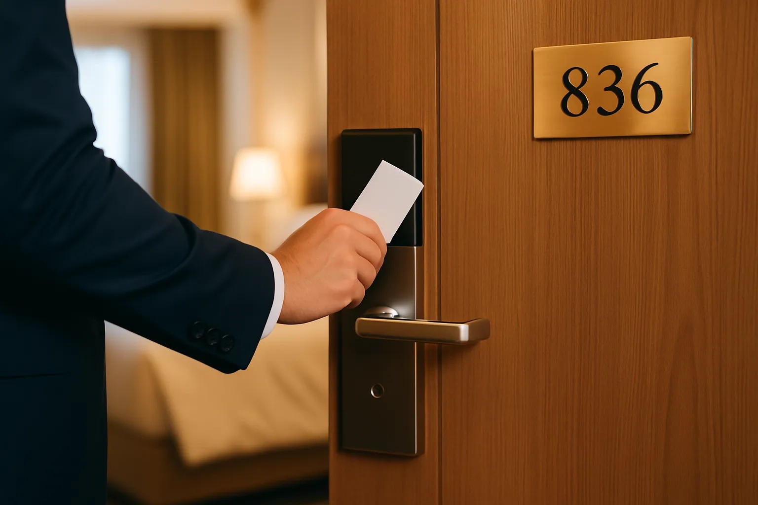 Hombre abre la puerta del hotel con una llave RFID