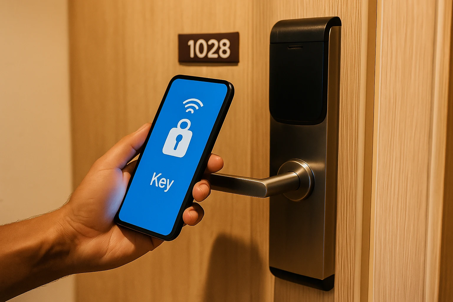 Una persona abriendo la puerta de un hotel con la llave digital