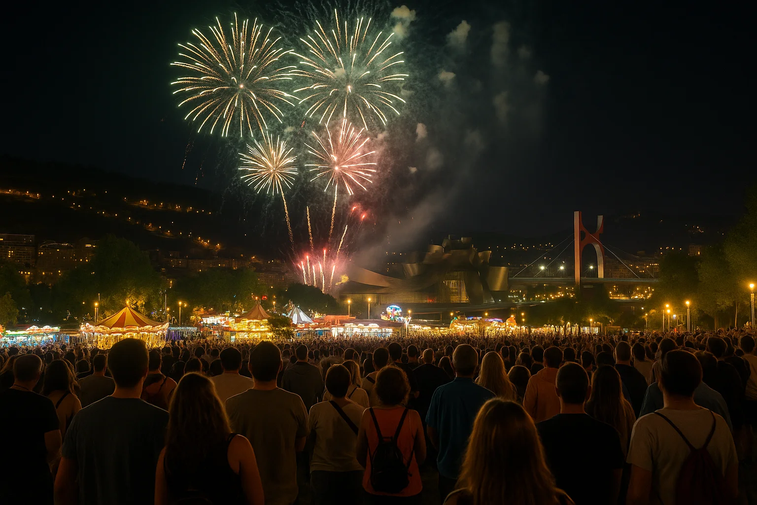 Personas observando fuegos artificiales